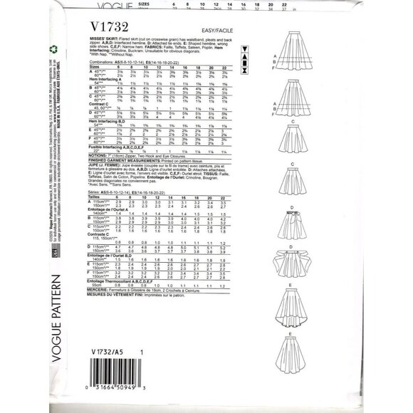Vogue V1732 Misses 14 to 22 Fancy Skirts Uncut Sewing Pattern - Picture 4 of 5